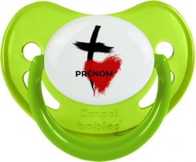 Croix + cœur avec prénom : Vert phosphorescente Tétine embout physiologique