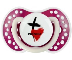 Croix + cœur avec prénom : Fuchsia phosphorescente Tétine embout Lovi Dynamic
