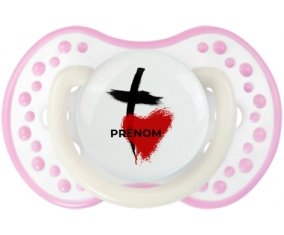 Croix + cœur avec prénom : Blanc-rose phosphorescente Tétine embout Lovi Dynamic