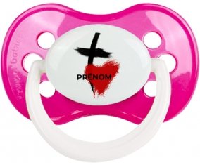Croix + cœur avec prénom : Rose foncé classique Tétine embout anatomique