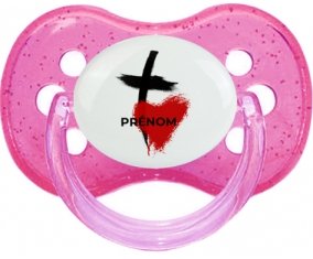 Croix + cœur avec prénom : Rose à paillette Tétine embout cerise