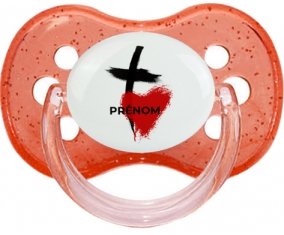 Croix + cœur avec prénom : Rouge à paillette Tétine embout cerise