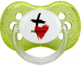 Croix + cœur avec prénom : Vert à paillette Tétine embout cerise