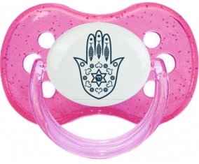 Judaisme : Khamsa Main de fatman : Rose à paillette Tétine embout cerise