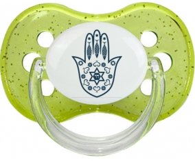 Judaisme : Khamsa Main de fatman : Vert à paillette Tétine embout cerise