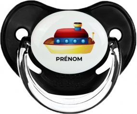 Jouet toys Bateau design-1 avec prénom : Noir classique Tétine embout physiologique