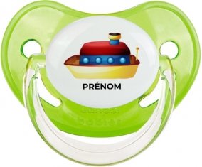Jouet toys Bateau design-1 avec prénom : Vert classique Tétine embout physiologique