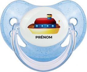 Jouet toys Bateau design-1 avec prénom : Bleue à paillette Tétine embout physiologique