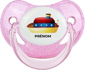Jouet toys Bateau design-1 avec prénom : Rose à paillette Tétine embout physiologique