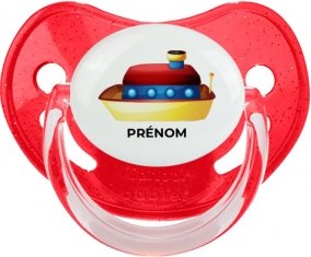 Jouet toys Bateau design-1 avec prénom : Rouge à paillette Tétine embout physiologique