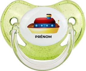 Jouet toys Bateau design-1 avec prénom : Vert à paillette Tétine embout physiologique