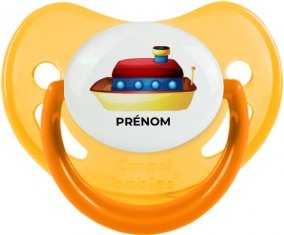 Jouet toys Bateau design-1 avec prénom : Jaune phosphorescente Tétine embout physiologique