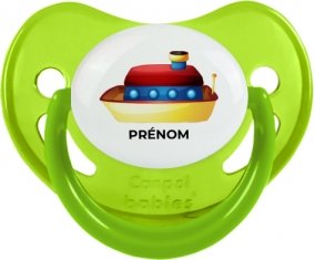 Jouet toys Bateau design-1 avec prénom : Vert phosphorescente Tétine embout physiologique