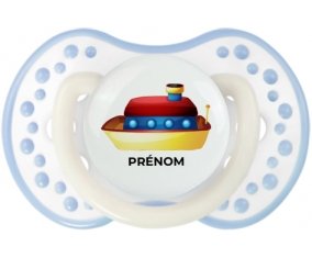 Jouet toys Bateau design-1 avec prénom : Blanc-cyan classique Tétine embout Lovi Dynamic
