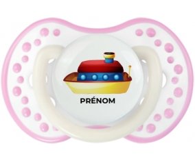 Jouet toys Bateau design-1 avec prénom : Blanc-rose phosphorescente Tétine embout Lovi Dynamic