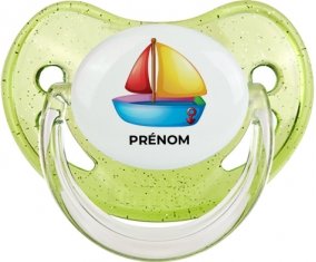 Jouet toys Bateau design-2 avec prénom : Vert à paillette Tétine embout physiologique