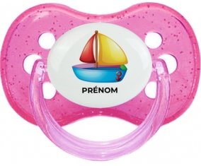 Jouet toys Bateau design-2 avec prénom : Rose à paillette Tétine embout cerise