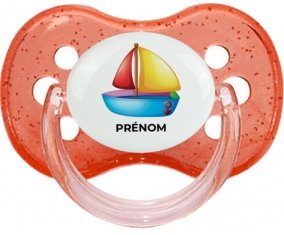 Jouet toys Bateau design-2 avec prénom : Rouge à paillette Tétine embout cerise