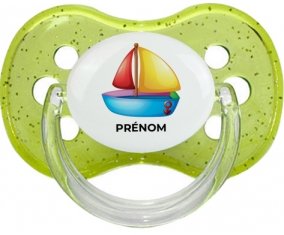 Jouet toys Bateau design-2 avec prénom : Vert à paillette Tétine embout cerise