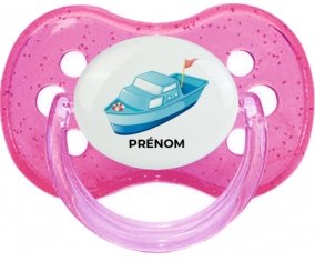 Jouet toys Bateau design-3 avec prénom : Rose à paillette Tétine embout cerise