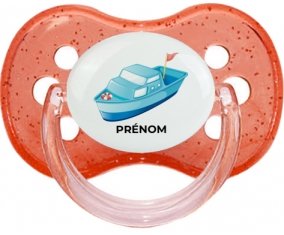 Jouet toys Bateau design-3 avec prénom : Rouge à paillette Tétine embout cerise