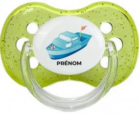 Jouet toys Bateau design-3 avec prénom : Vert à paillette Tétine embout cerise