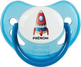 Jouet toys Fusée avec prénom : Bleue phosphorescente Tétine embout physiologique