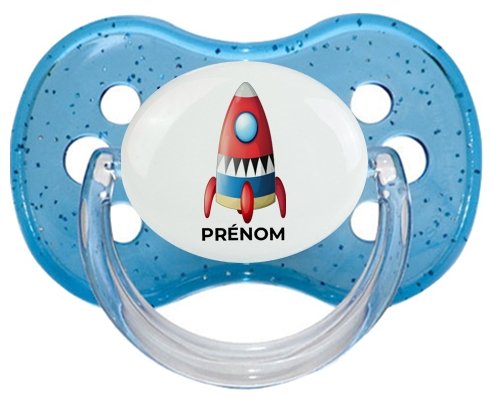 Jouet toys Fusée avec prénom : Bleu à paillette Tétine embout cerise