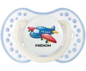 Jouet toys Avion design-1 avec prénom : Blanc-cyan classique Tétine embout Lovi Dynamic