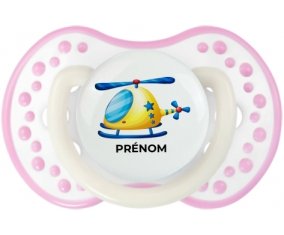 Jouet toys Hélicoptère design-1 avec prénom : Blanc-rose phosphorescente Tétine embout Lovi Dynamic