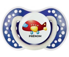 Jouet toys Avion design-2 avec prénom : Bleu-marine phosphorescente Tétine embout Lovi Dynamic