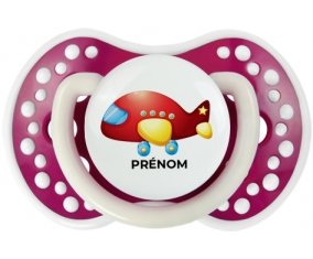 Jouet toys Avion design-2 avec prénom : Fuchsia phosphorescente Tétine embout Lovi Dynamic