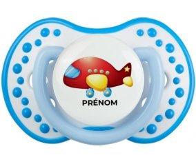 Jouet toys Avion design-2 avec prénom : Blanc-bleu phosphorescente Tétine embout Lovi Dynamic