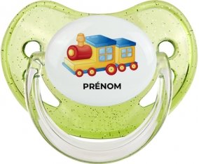 Jouet toys Train design-1 avec prénom : Vert à paillette Tétine embout physiologique