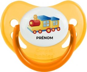 Jouet toys Train design-1 avec prénom : Jaune phosphorescente Tétine embout physiologique