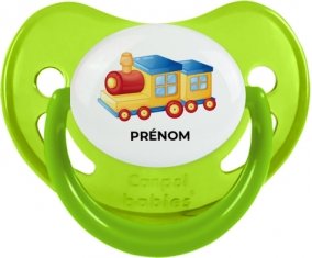 Jouet toys Train design-1 avec prénom : Vert phosphorescente Tétine embout physiologique