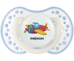 Jouet toys Avion design-3 avec prénom : Blanc-cyan classique Tétine embout Lovi Dynamic