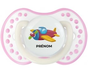 Jouet toys Avion design-3 avec prénom : Blanc-rose phosphorescente Tétine embout Lovi Dynamic