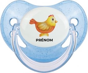 Jouet toys Poule avec prénom : Bleue à paillette Tétine embout physiologique