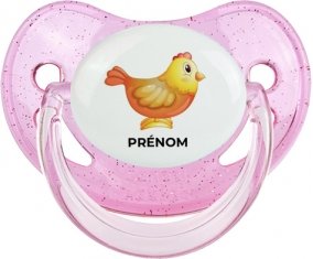 Jouet toys Poule avec prénom : Rose à paillette Tétine embout physiologique