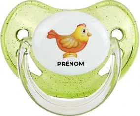 Jouet toys Poule avec prénom : Vert à paillette Tétine embout physiologique
