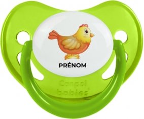 Jouet toys Poule avec prénom : Vert phosphorescente Tétine embout physiologique