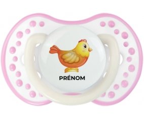 Jouet toys Poule avec prénom : Blanc-rose phosphorescente Tétine embout Lovi Dynamic
