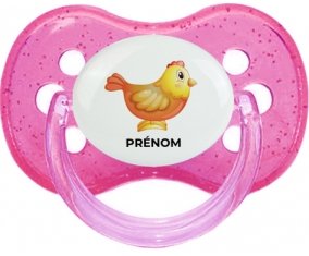 Jouet toys Poule avec prénom : Rose à paillette Tétine embout cerise