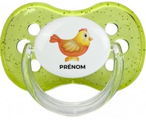 Jouet toys Poule avec prénom : Vert à paillette Tétine embout cerise