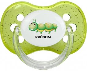 Jouet toys Chenille avec prénom : Vert à paillette Tétine embout cerise