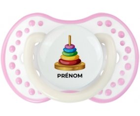 Jouet toys à empiler avec prénom : Blanc-rose phosphorescente Tétine embout Lovi Dynamic