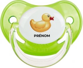 Jouet toys petit canard jaune avec prénom : Vert classique Tétine embout physiologique