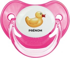 Jouet toys petit canard jaune avec prénom : Rose classique Tétine embout physiologique