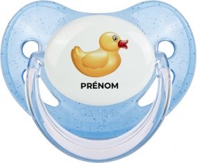 Jouet toys petit canard jaune avec prénom : Bleue à paillette Tétine embout physiologique